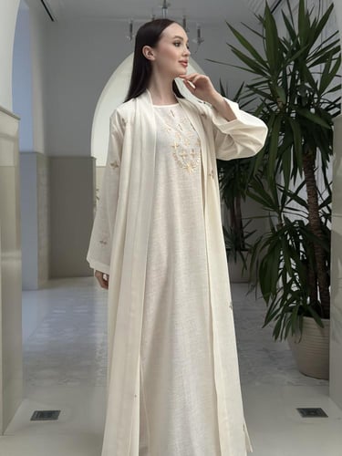 Embroidered linen abaya and dress set