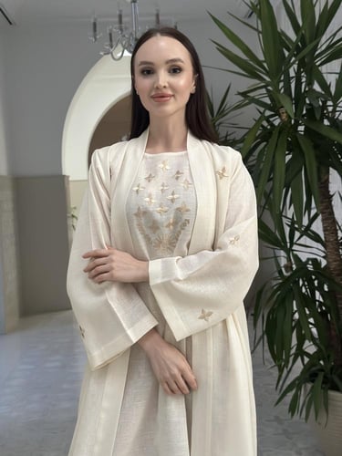 Embroidered linen abaya and dress set