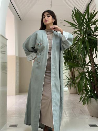 Linen abaya with butterfly embroidery