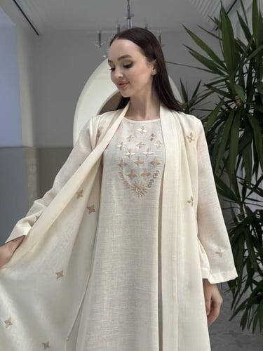 Embroidered linen abaya and dress set
