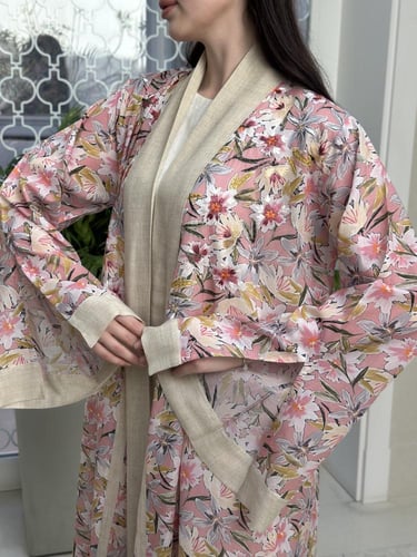Printed voile abaya with embroidery