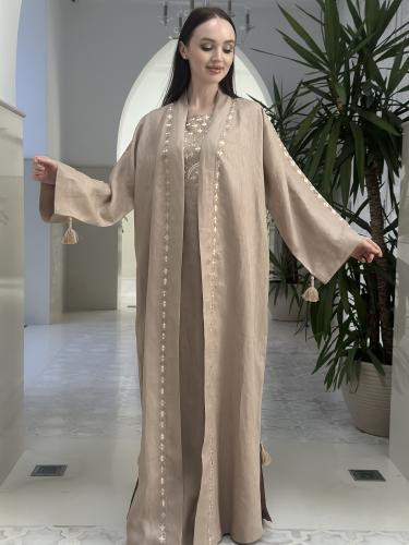 Embroidered linen abaya and dress set