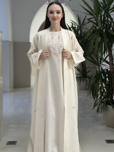 Embroidered linen abaya and dress set