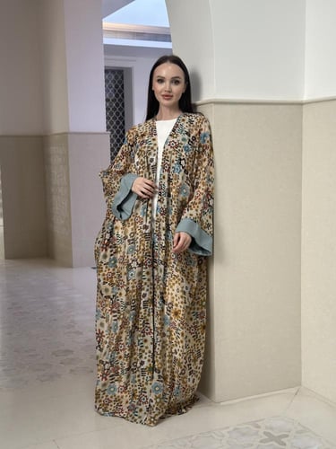 Printed voile abaya with embroidery