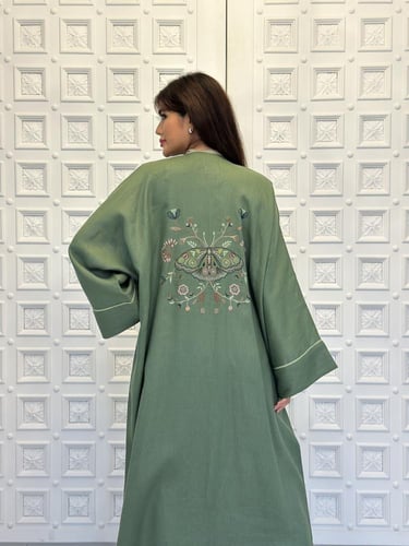 Linen abaya with butterfly embroider