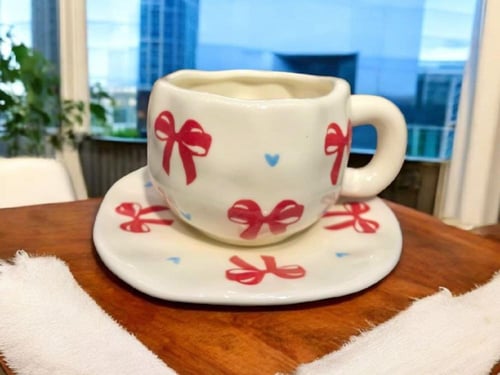 أكواب سيراميك أنيقة مع صحن تقديم