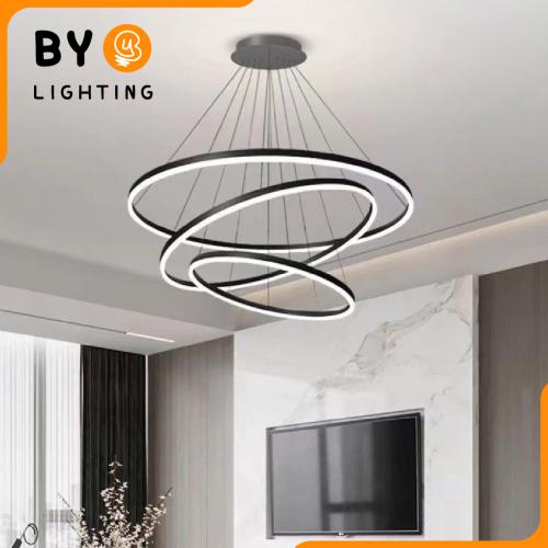 إنارة ثريا معلقة حلقات اسود بتصميم عصري ٦٠سم مع ٨٠...