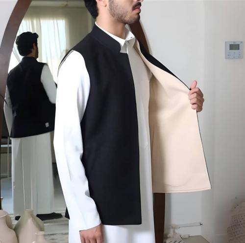 Double Face Men's Vest - Black & Off White - سديري...
