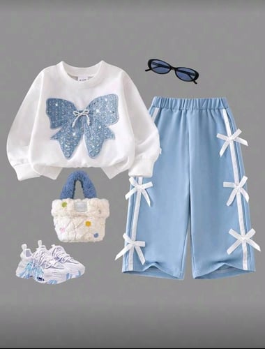 مجموعة بنطلون وتي شيرت بياقة طاقم للبنات الرضع، مز...