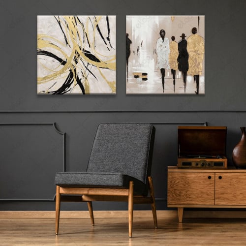 لوحات جدارية فن تجريدي ذهبي وأسود