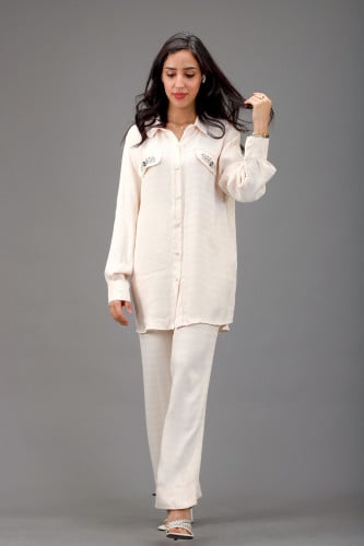 طقم بلوزة طويلة اكمام فانوس جيب قلاب مطرز خفيف وبن...