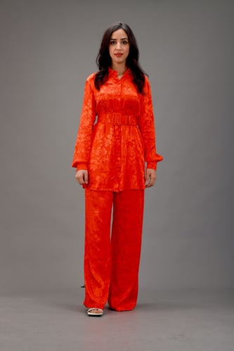 طقم لون برتقالي جاكار بحزام واكمام فانوس