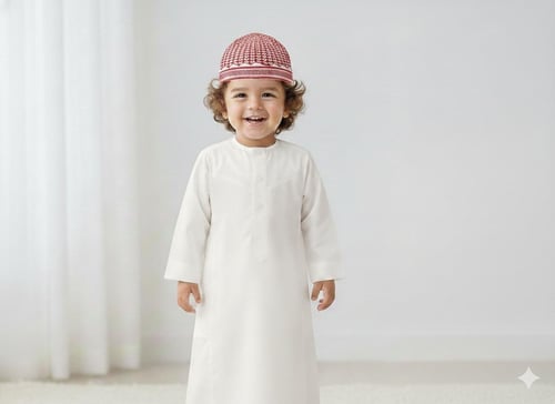 ثوب أطفال أنيق مع سكارف أحمر او قبوع