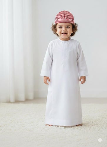 ثوب أطفال أنيق مع سكارف أحمر او قبوع