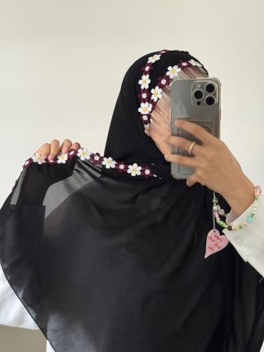 طرحة الماس ليزر اسود بطرف كلفة ورود لون عودي