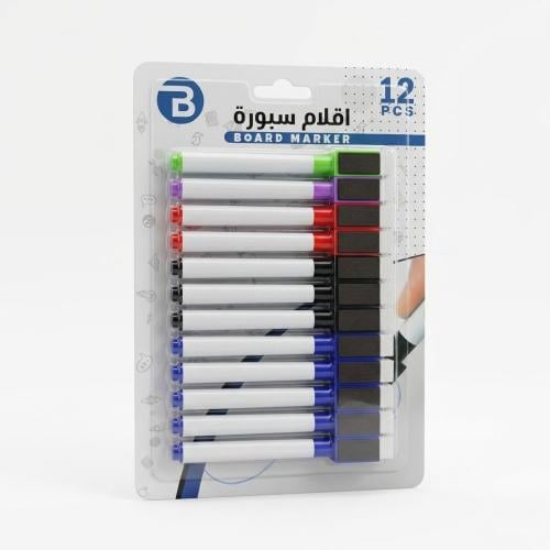 طقم 12 اقلام سبورة بألوان مختلفة مع ممسحة مدمجة في...
