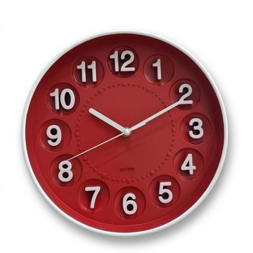 ساعة حائط كلاسيكية بلمسة عصرية لون أحمر وإطار ابيض