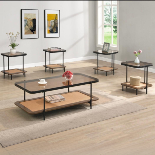 طقم طاولات زجاج وراتان بني