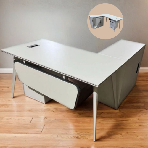 مكتب مع أدراج وسكرتارية لون ابيض عدة مقاسات