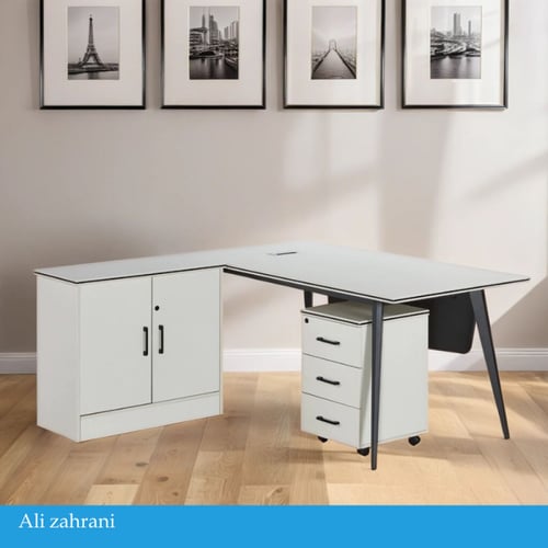 مكتب مع أدراج وسكرتارية لون ابيض عدة مقاسات