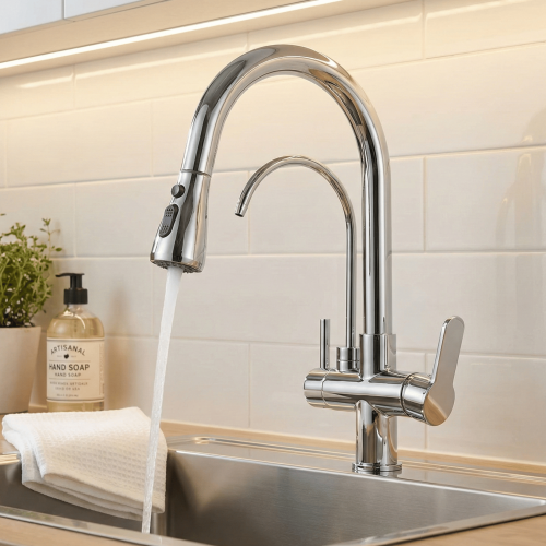 خلاط مطبخ سحب 2 في 1 مع مخرج فلتر - كروم لامع - ضم...