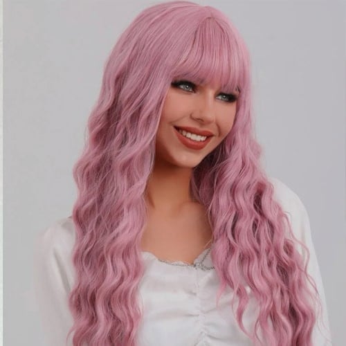 باروكة شعر صناعي لون وردي