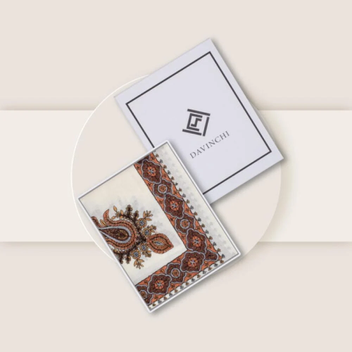 شال كشميري ابيض تطريز عودي وبني فاتح ماركة دافنشي