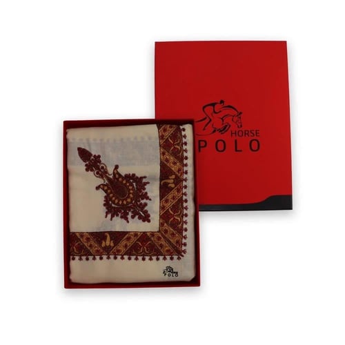 شال كشميري مطرز لون كريمي تطريز أحمر ماركة بولو