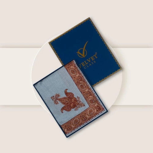 شال كشميري لون سماوي تطريز بني ماركة فلفت كلاس