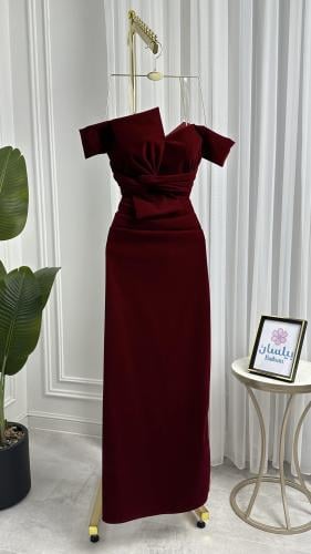 فستان طويل مخمل عنابي بفيونكة