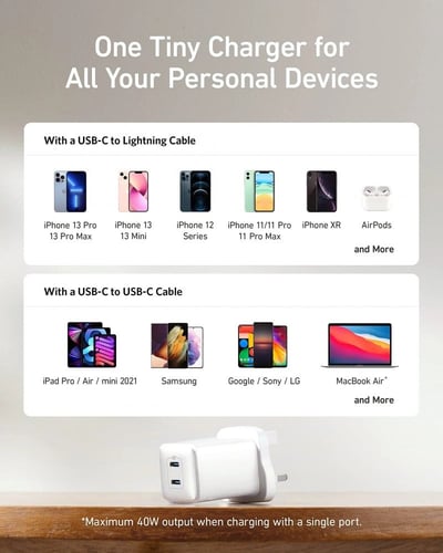 شاحن جداري أنكر نانو برو بقوة 40 واط بمنفذين USB-C...