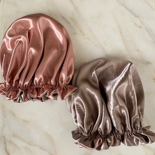 غطاء راس حرير ستان وجهين لون وردي و قولدن براون