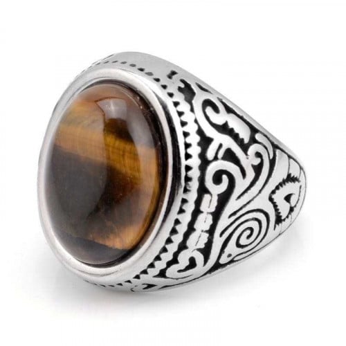 خاتم رجالي ستانليس ستيل مطلي فضة مزخرف بحجر بني
