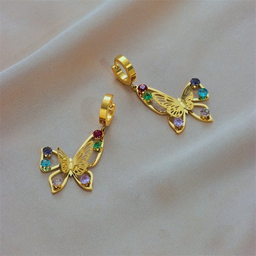 حلق فراشة مطلي ذهب عيار 18 باحجار ملونة - لون ذهبي