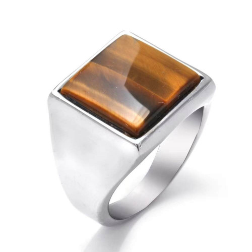 خاتم رجالي ستانليس ستيل مطلي فضة مزين بحجر بني