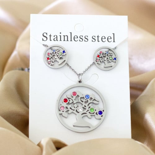 طقم اكسسوارات حلق وسلسال على شكل شجرة مزينة بأحجار...