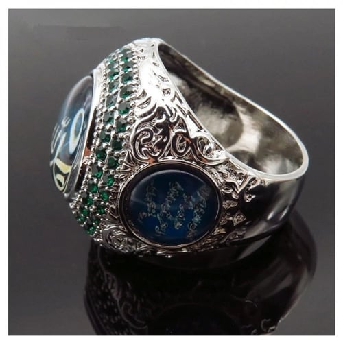 خاتم اسلامي بنقوش وحجر بكلمة الحمد لله مرصع بأحجار...