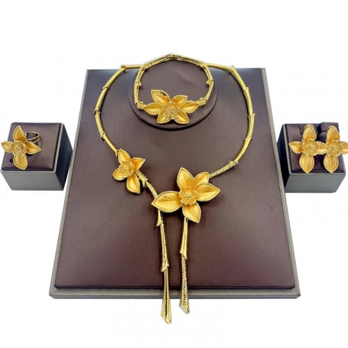 طقم مجوهرات 4 قطع مطلي ذهب شكل ورود موديل رقم 6