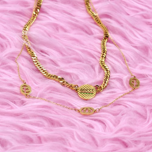 سلسال طبقتين مطلي بالذهب بتعليقات محفورة بتصميم مس...