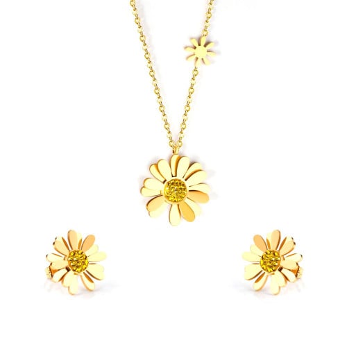 طقم اكسسوارات ذهبي سلسال وحلق مزين بتعليقة شكل زهر...