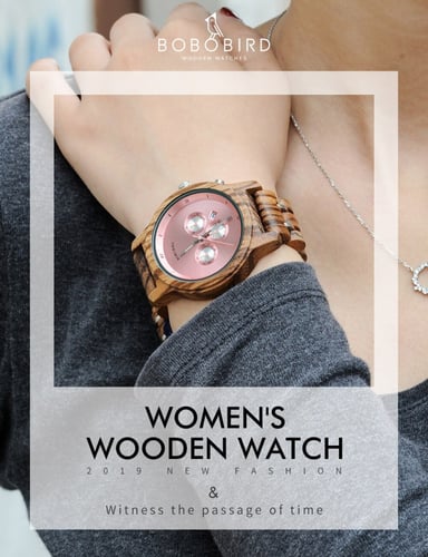 بوبو بيرد ساعة خشبية نسائية لون بني خشبي بخلفية ور...