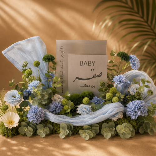تنسيق ورد استقبال مولود فخم مع لوحة اسم مخصصة (إمك...