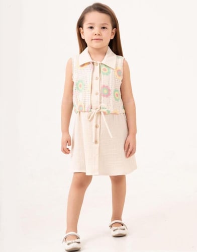 فستان قطن بناتي ناعم بتطريز زهور ورباط خصر