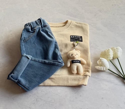 طقم اطفال ولادي جينز وتيشرت بأكمام طويلة