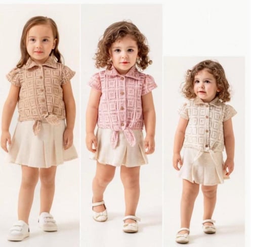 طقم بناتي صيفي أنيق مكون من قميص دانتيل وتنورة كتا...