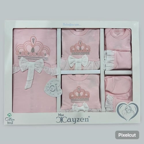 طقم بناتي 10 قطع تطريز تاج ملكي أبيض وفيونكات بيضا...