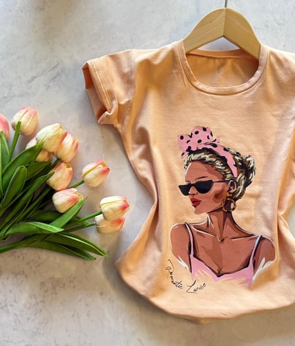 بجامة بناتي اطفال صيفي قطعتين برسمة فتاة أنيقة