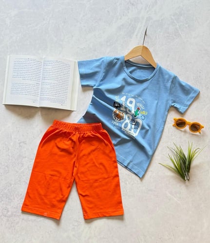 بيجامة برمودا ولادي من قطعتين برسومات حيوانات كرتو...