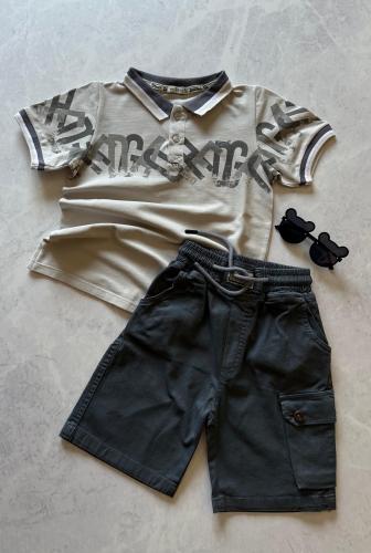 طقم شورت ولادي كارجو وتيشيرت بولو رسومات جرافيك