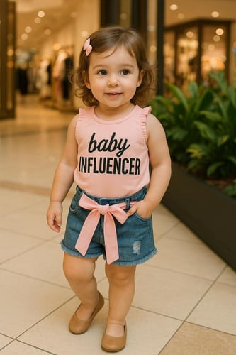 طقم بيبي بناتي بلوزة بينك وشورت جينز بحزام بينك